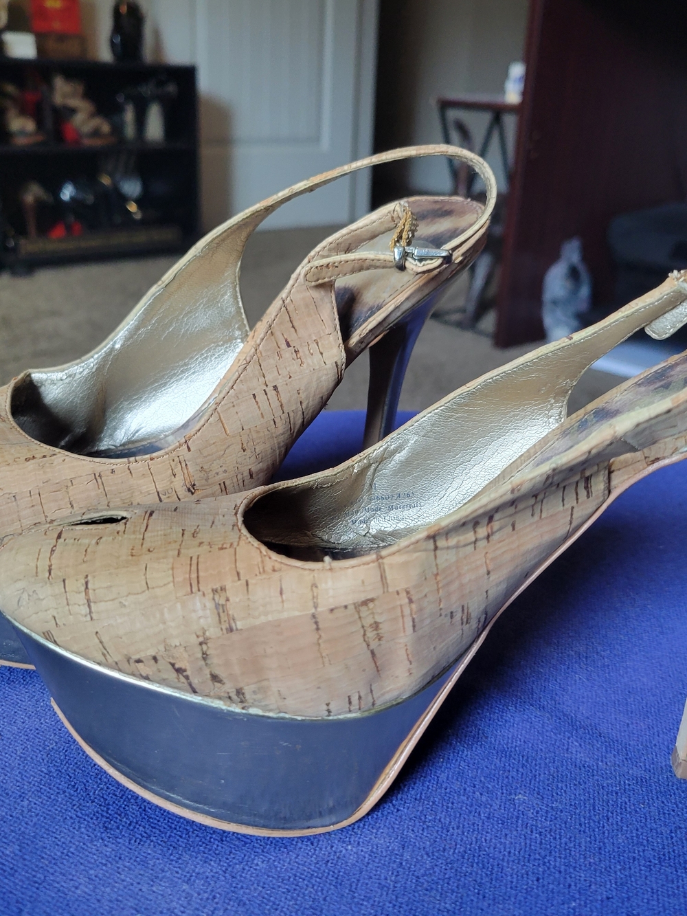 Sam Edelman Cork Peep-Toe Platform Slingbacks in Tan with Gold Lining
